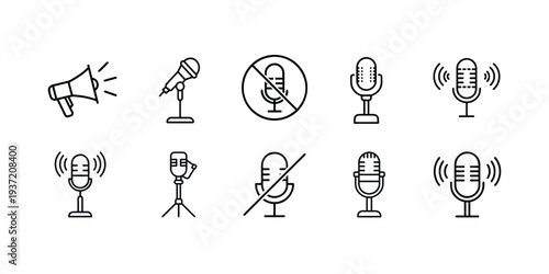 Microphone and audio line icon set featuring studio mic megaphone and voice recording equipment for podcast music and communication and more vector illustration or editable stroke