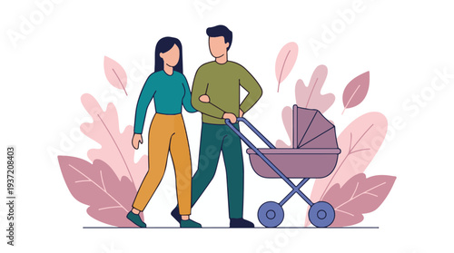 Happy couple walking with baby stroller, family time in nature illustration