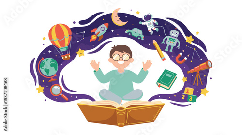 Boy reading book with science and imagination elements illustration