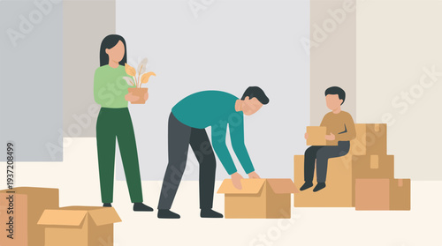 Family with child unpacking cardboard boxes, moving into new house