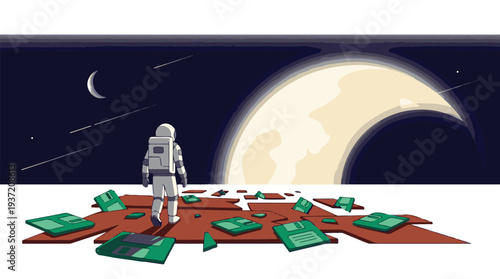 Astronaut on a desolate planet with floppy disks, exploring a vast cosmos