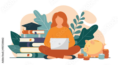 Woman studying online with laptop, books, graduation cap, and savings