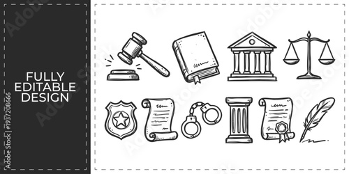 Sketch Style Law and Justice Vector Icon Set for Legal or Attorney Concepts