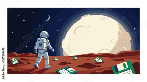 Astronaut exploring red planet with vintage floppy disks under a starry sky and moon