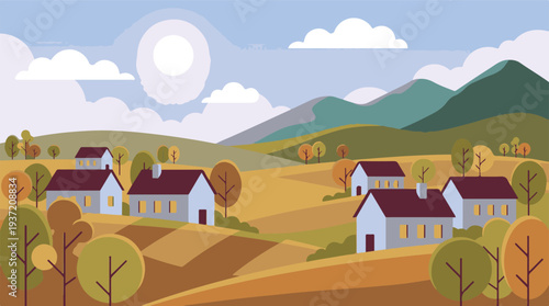 Autumn rural village landscape illustration with houses and rolling hills