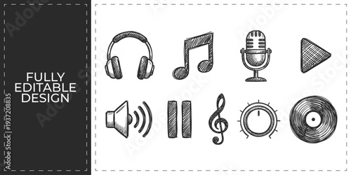 Doodle Style Music and Audio Vector Icon Set for Sound and Entertainment