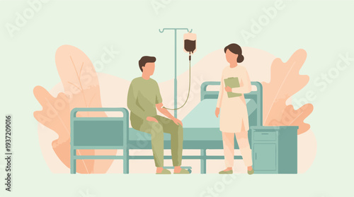 Patient receiving blood transfusion, attended by nurse in hospital room.