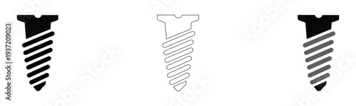 Screw Bolt Vector Icons Set | Black Outline White Metal Screw Illustrations Design