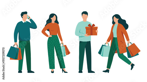 Flat design illustration of people shopping and exchanging gifts