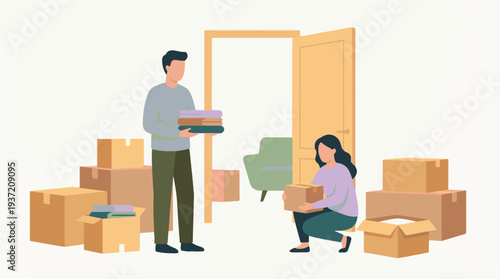 Couple moving into new home, packing and unpacking belongings in boxes