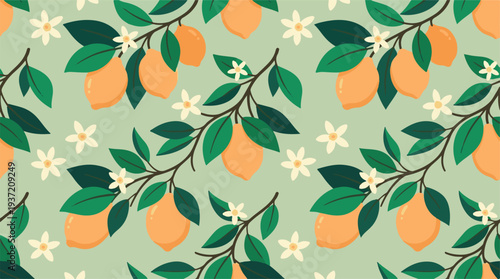 Seamless lemon pattern with branches, ripe fruits, and white blossoms