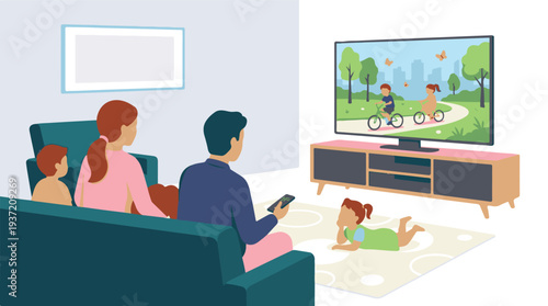 Family watching TV together in living room, children enjoying animated show