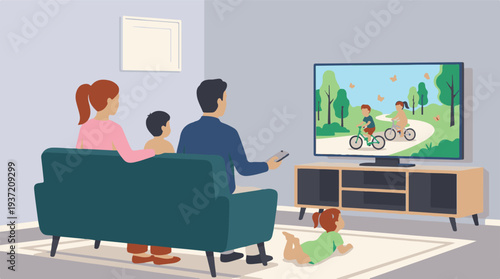 Family watching television together in a modern living room at home