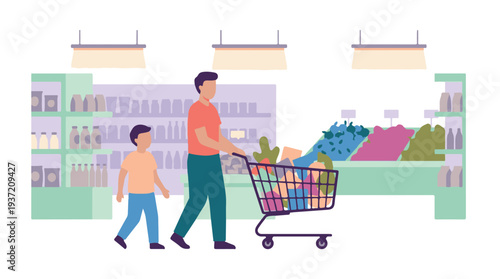 Father and Son Shopping for Groceries in Supermarket Aisle