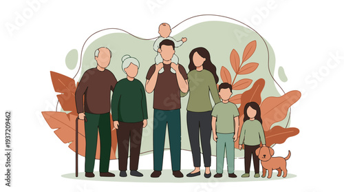 Large multi-generational family with children, grandparents and a pet dog