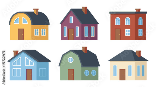 Set of diverse colorful cartoon houses with various architectural styles