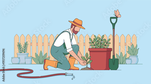 Man in hat and overalls planting a seedling in a backyard garden