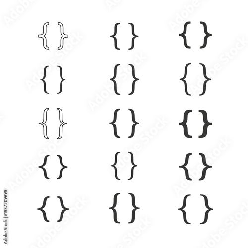 Set of diverse black brace brackets for programming and typography on an isolated white background