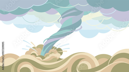 Stylized Waterspout Descending from Storm Clouds into Ocean