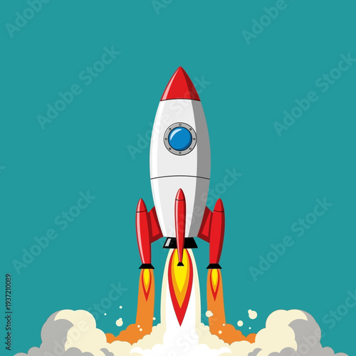 Rocket Launching with Flames on Blue Sky Background, Startup Concept