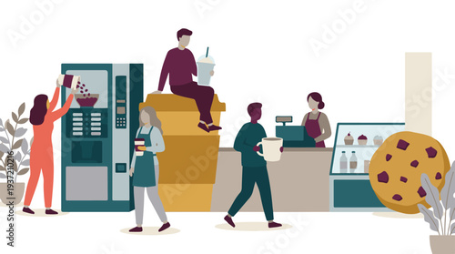 Illustration of people getting coffee, drinks, and snacks at a modern cafe