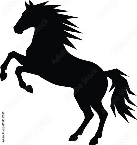 Black horse silhouette, rearing stallion with spiky mane and tail, isolated animal illustration on white background, wild mustang vector