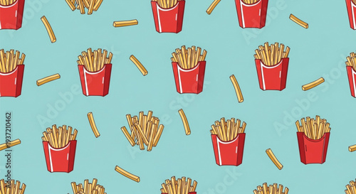 Seamless French Fries Fast Food Pattern with Red Carton Boxes on Blue Background
