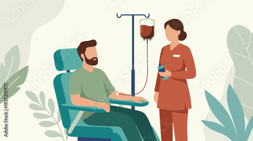 Man receiving blood transfusion from nurse in medical facility