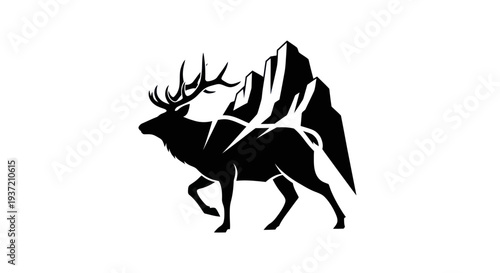 Silhouette of elk and mountain peaks