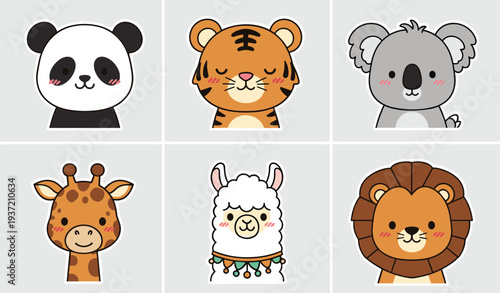 Cute Cartoon Animal Faces Set Including Panda Tiger Koala Giraffe Alpaca and Lion Characters for Kids Nursery Stickers and Children Design