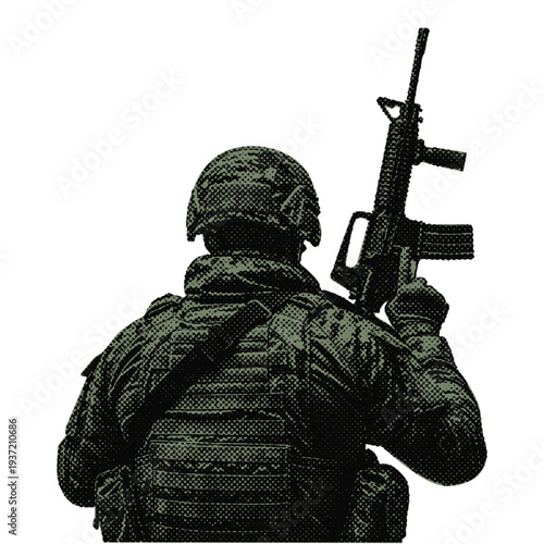 Soldier in tactical gear holding weapon retro halftone style illustration