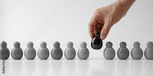 Hand selecting a single black figure from a line of identical gray figures representing differentiation