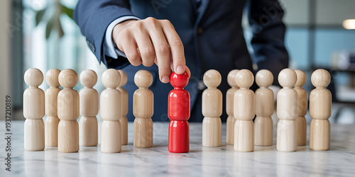 Hand selecting a unique red wooden peg doll from a lineup of many light colored ones symbolizing choice and individuality