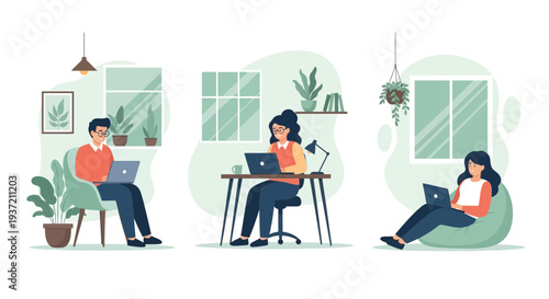 People Relaxing at Home Illustration – Cozy Living Room Lifestyle and Leisure Activities