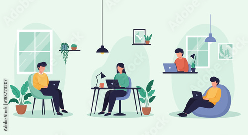 People Relaxing at Home Illustration – Cozy Living Room Lifestyle and Leisure Activities