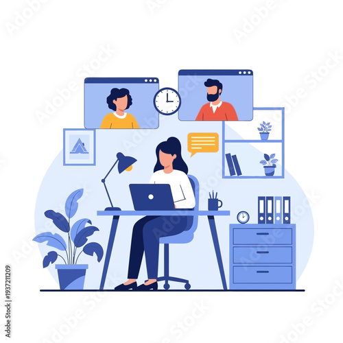 Online Business Meeting Illustration – Remote Team Video Conference and Collaboration Concept