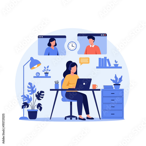 Online Business Meeting Illustration – Remote Team Video Conference and Collaboration Concept