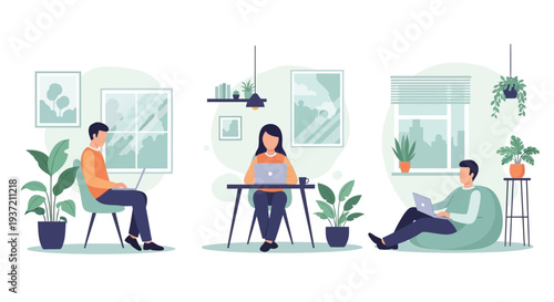 People Relaxing at Home Illustration – Cozy Living Room Lifestyle and Leisure Activities