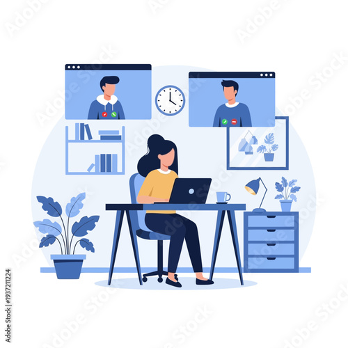 Online Business Meeting Illustration – Remote Team Video Conference and Collaboration Concept