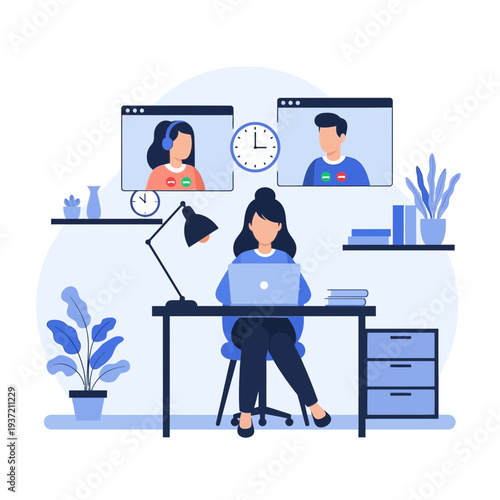 Online Business Meeting Illustration – Remote Team Video Conference and Collaboration Concept