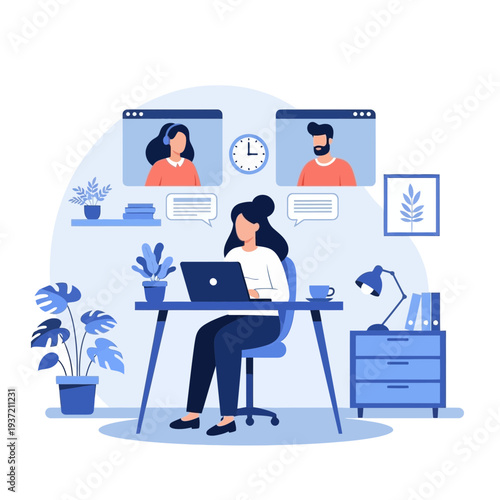 Online Business Meeting Illustration – Remote Team Video Conference and Collaboration Concept