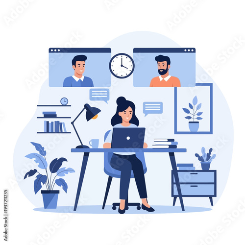 Online Business Meeting Illustration – Remote Team Video Conference and Collaboration Concept