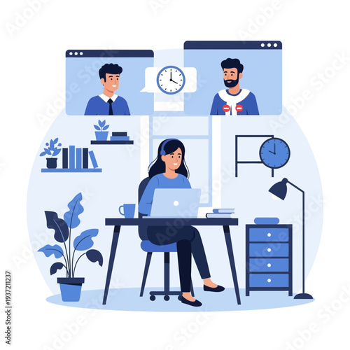 Online Business Meeting Illustration – Remote Team Video Conference and Collaboration Concept