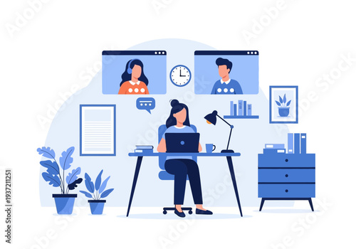 Online Business Meeting Illustration – Remote Team Video Conference and Collaboration Concept