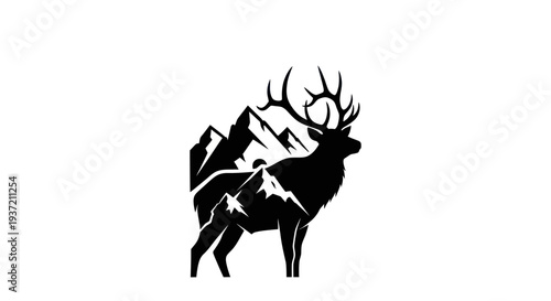 Silhouette of stag and mountains