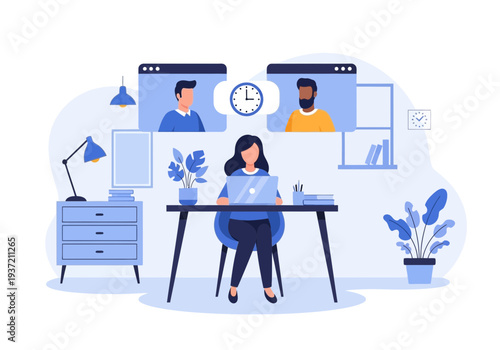 Online Business Meeting Illustration – Remote Team Video Conference and Collaboration Concept