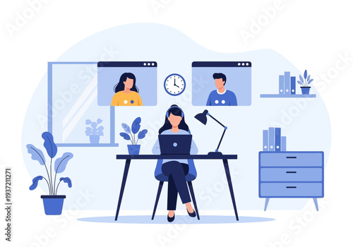 Online Business Meeting Illustration – Remote Team Video Conference and Collaboration Concept
