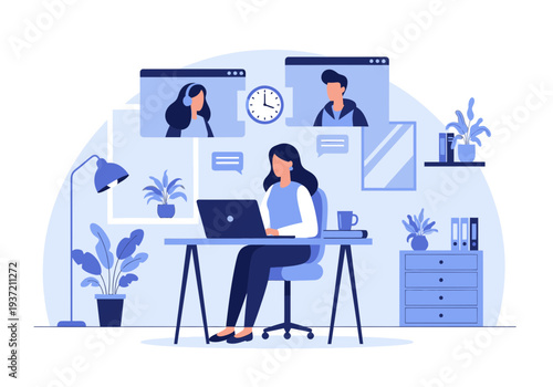 Online Business Meeting Illustration – Remote Team Video Conference and Collaboration Concept
