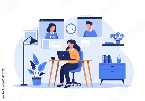 Online Business Meeting Illustration – Remote Team Video Conference and Collaboration Concept