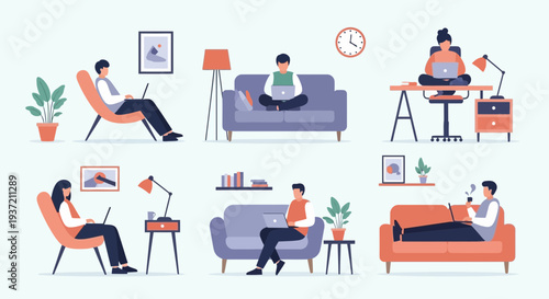 People Relaxing at Home Illustration – Cozy Living Room Lifestyle and Leisure Activities